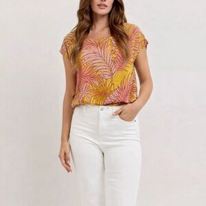 Tahari 100% Linen Tropical Palm Print Top | Button-Back Linen Blouse